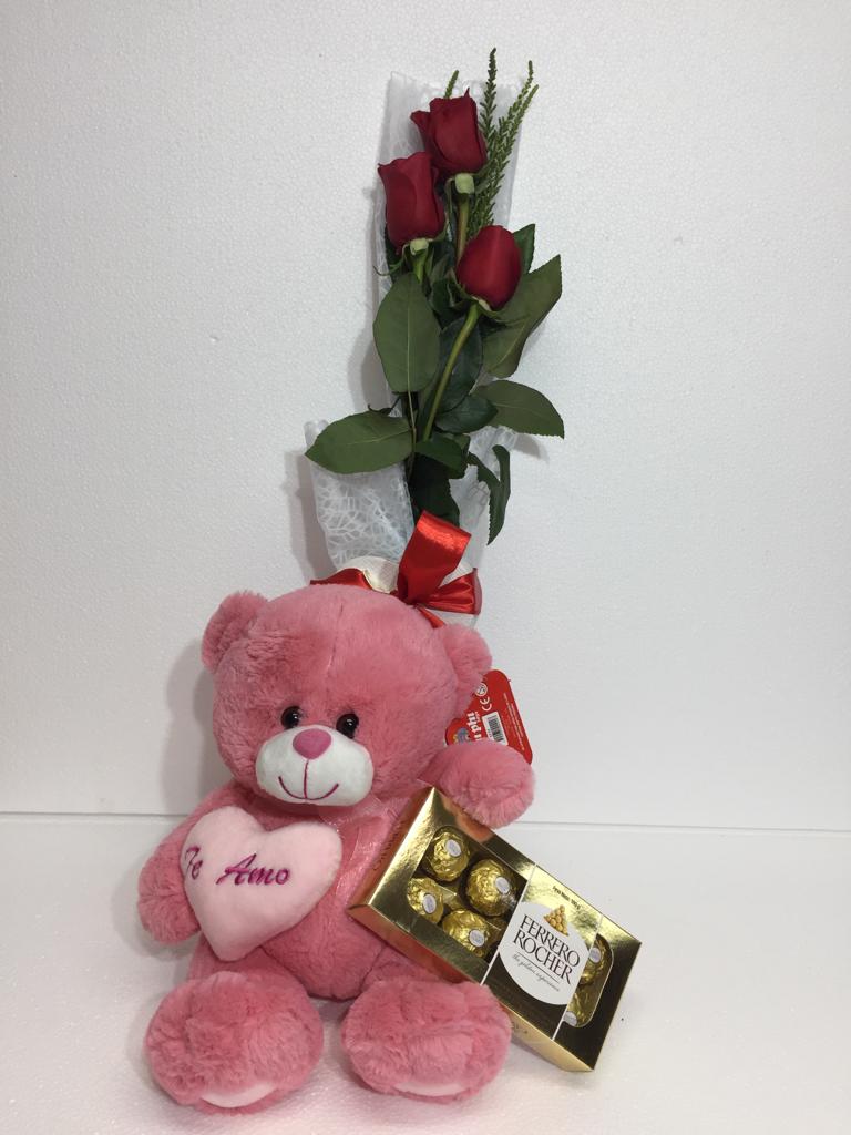 Ramito de 03 Rosas ms Bombones Ferrero Rocher de 100 grs y Peluche de 30 cm